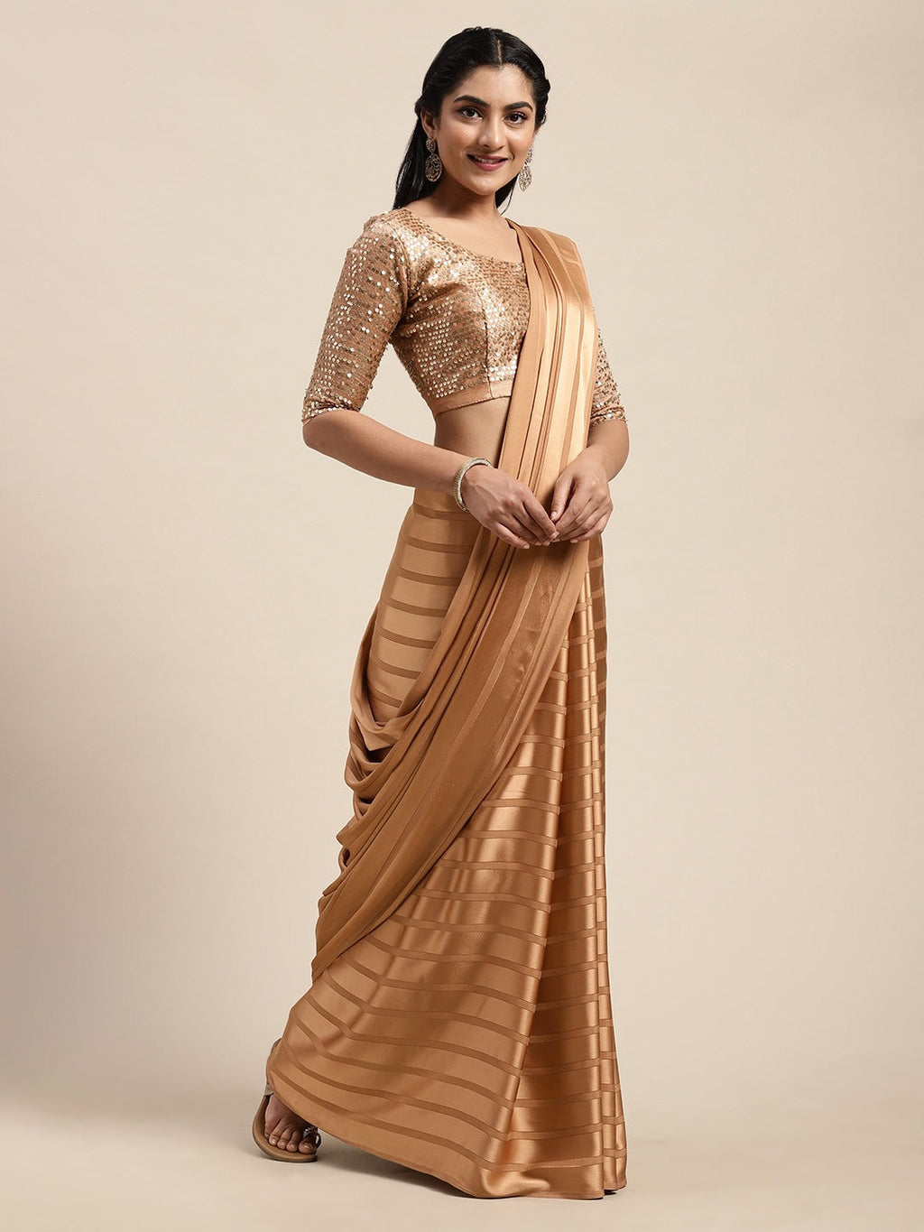 Saree Mall Brown Striped Satin Saree