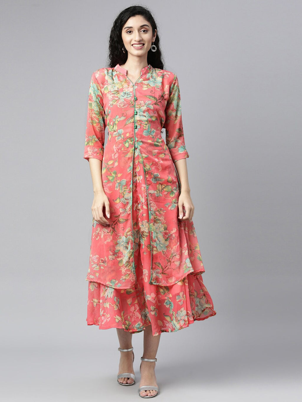 Souchii Pink & Green Floral Layered A-Line Midi Dress