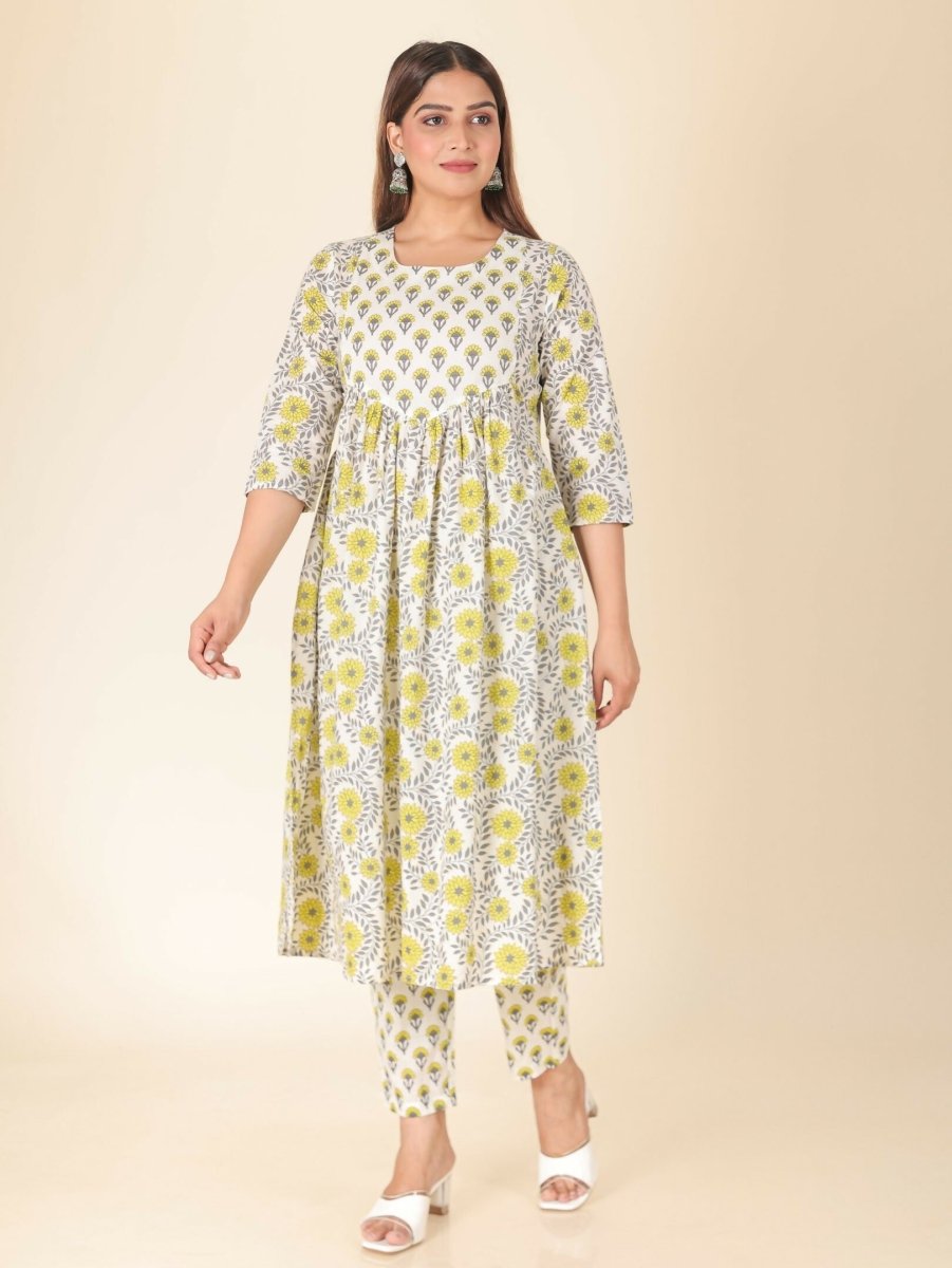 Aramya Yellow Soft Cotton Floral Print A-line Kurta Set for Women