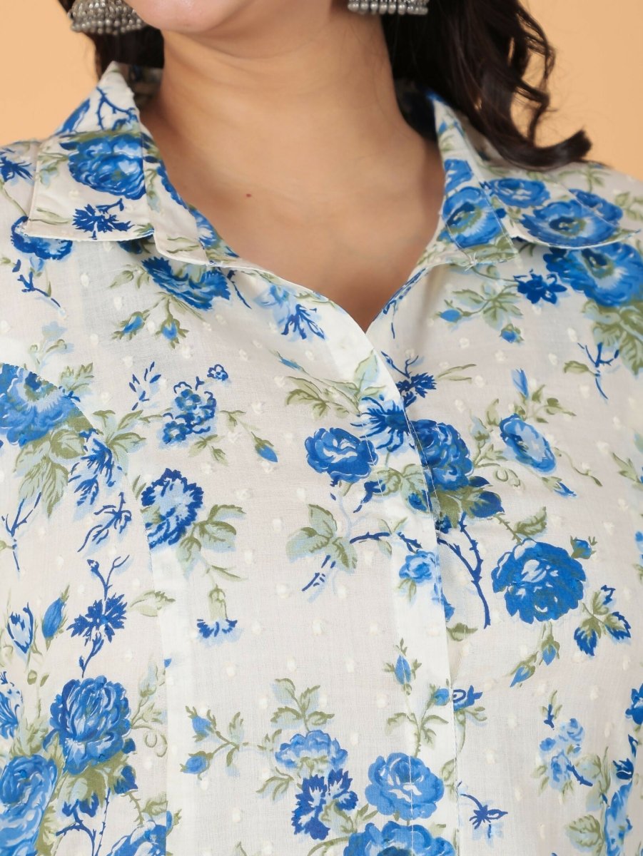 Aramya White Textured Cotton Floral Print High Low Kurta Set for Women