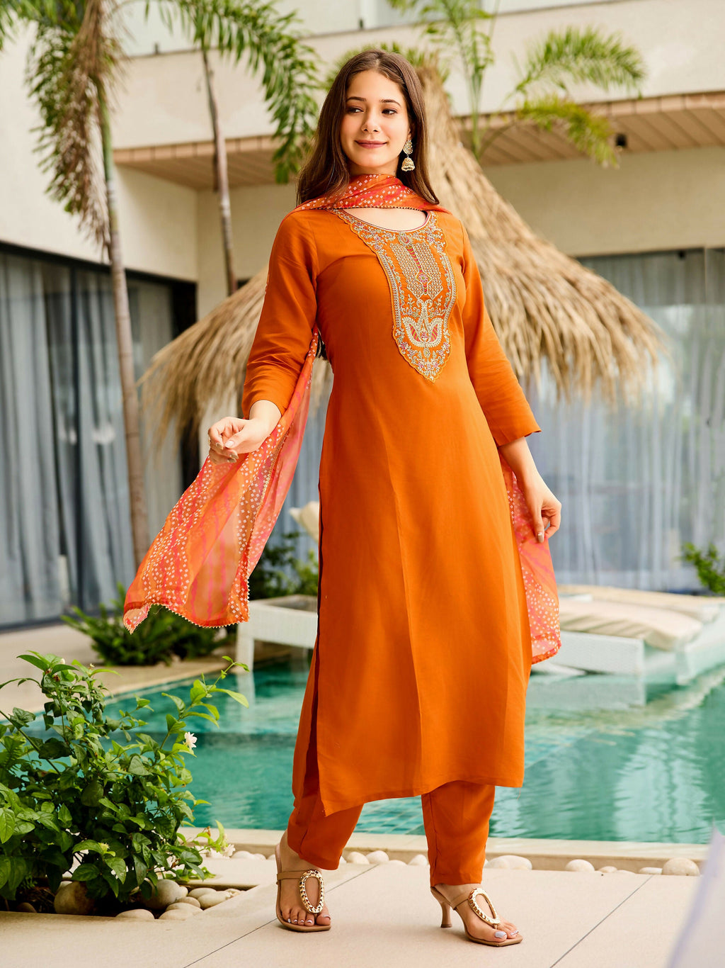 The52 Rust Women's Gorgeous Embroidered work Rayon Fabric Straight Kurta, Pant and Dupatta Set