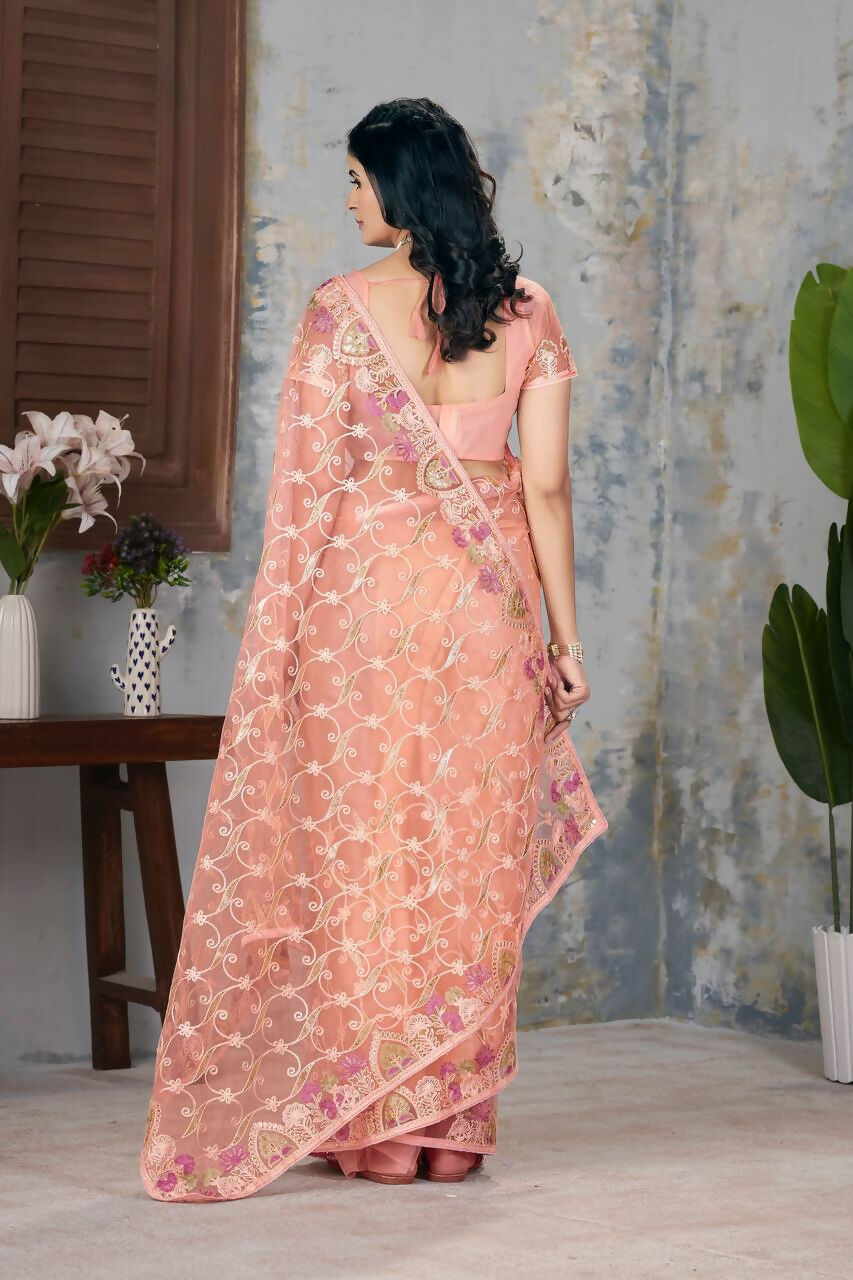 Vastranavya Soft Crush Georgette With Embroidery and Foil Multi Thread Work Saree - Peach