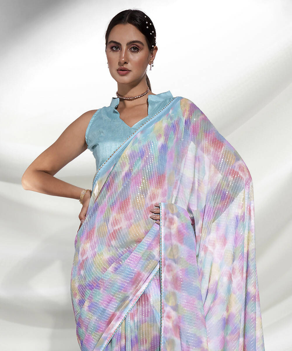 Blue Georgette Sequence Embroidery Saree With Unstitched Blouse Piece - Rajal