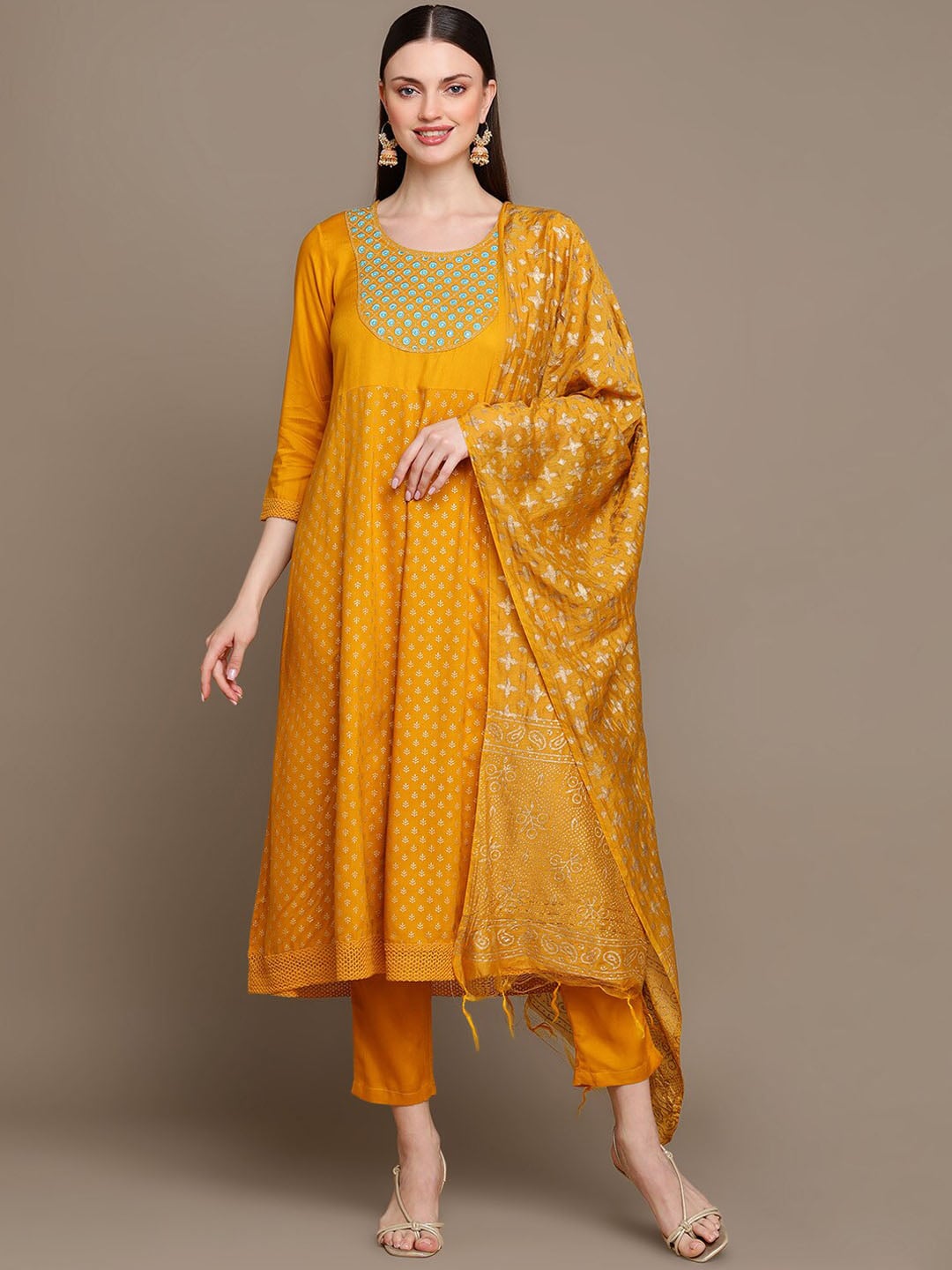 HERE&NOW Ethnic Motifs Embroidered Mirror Work Yoke Anarkali Kurta with Trousers & Dupatta
