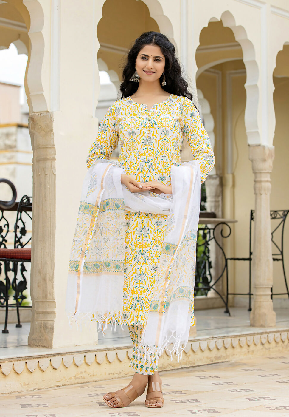 Kaajh Women's Yellow Hand Block Print Suit Set