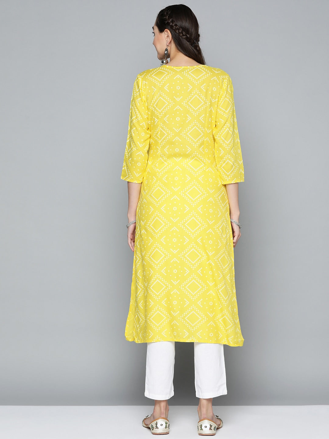 HERE&NOW Women Yellow & White Ethnic Motifs Printed Embroidered Work Kurta