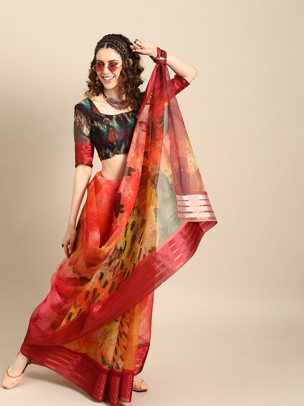 Saree Mall Red & Black Organza Printed Saree