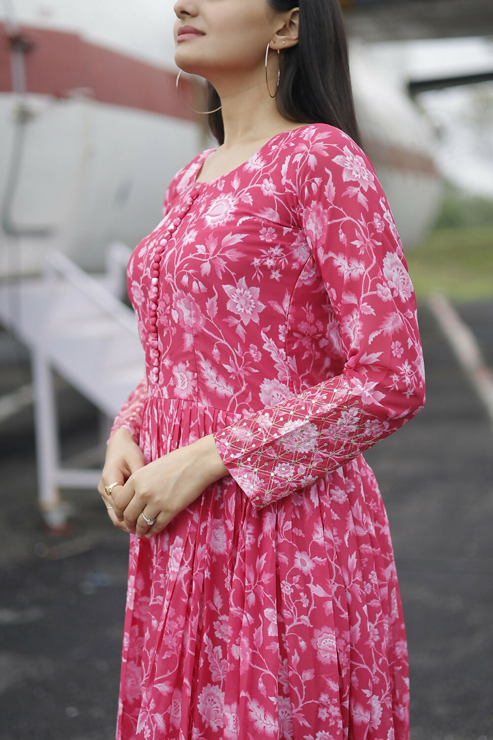 Aayaa Printed Faux Georgette with Embroidery Zari Sequins work Gown - Red Pink