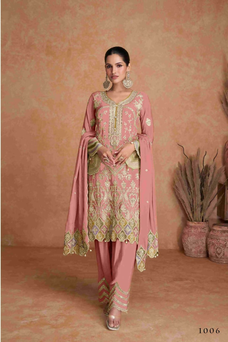 Festive Wear Ethnic Peach Chinon Stitched Suit With Dupatta - Zeeya