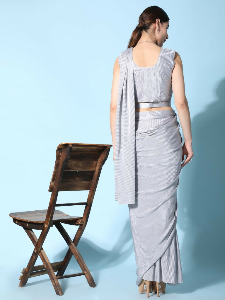 Grey Imported Crush Lycra Texture Pattern Ready to Wear Saree with stitched Blouse - Nirvana