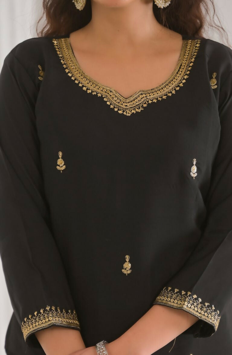 Ethnic Festive Wear Viscose Chanderi Black Stitched Suit With Dupatta - Tanisha