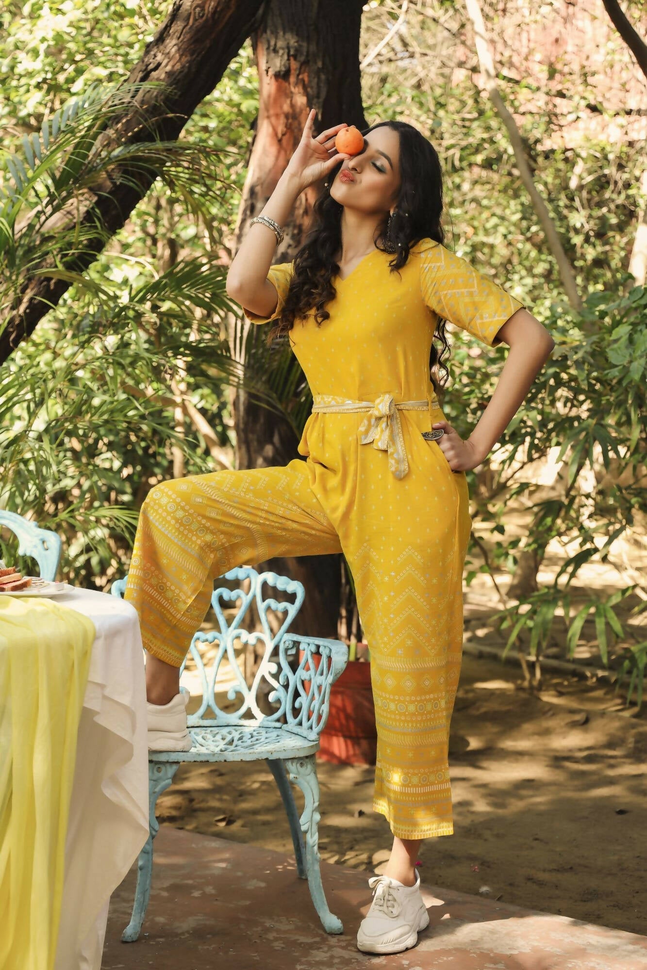 Juniper Women Mustard Rayon Flex Printed Straight Jumpsuit