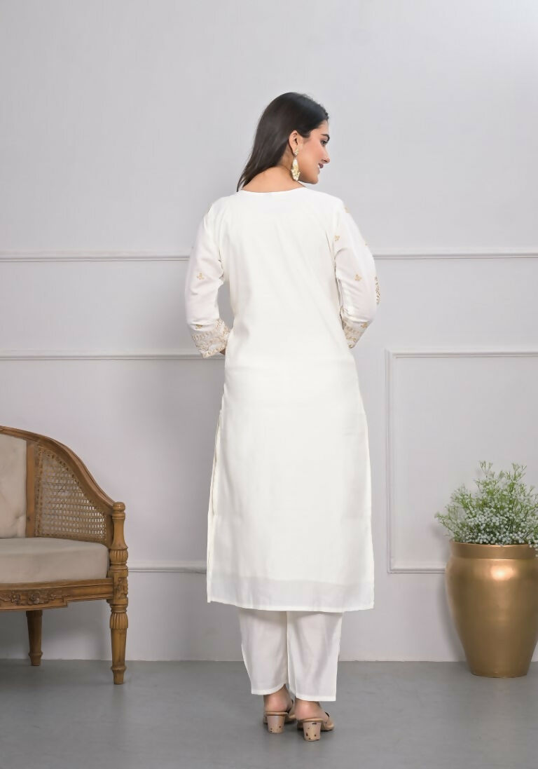 White Viscose Silk Embroidery with Thread and sequence Stitched Suit With Dupatta - Tanisha