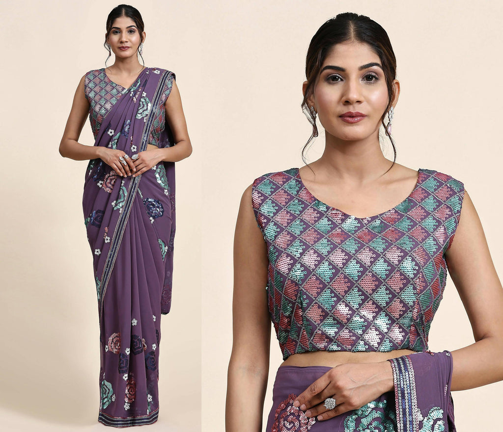 Purple Pure Georgette Sequence work Ready to wear Saree with stitched Blouse - Nirvana