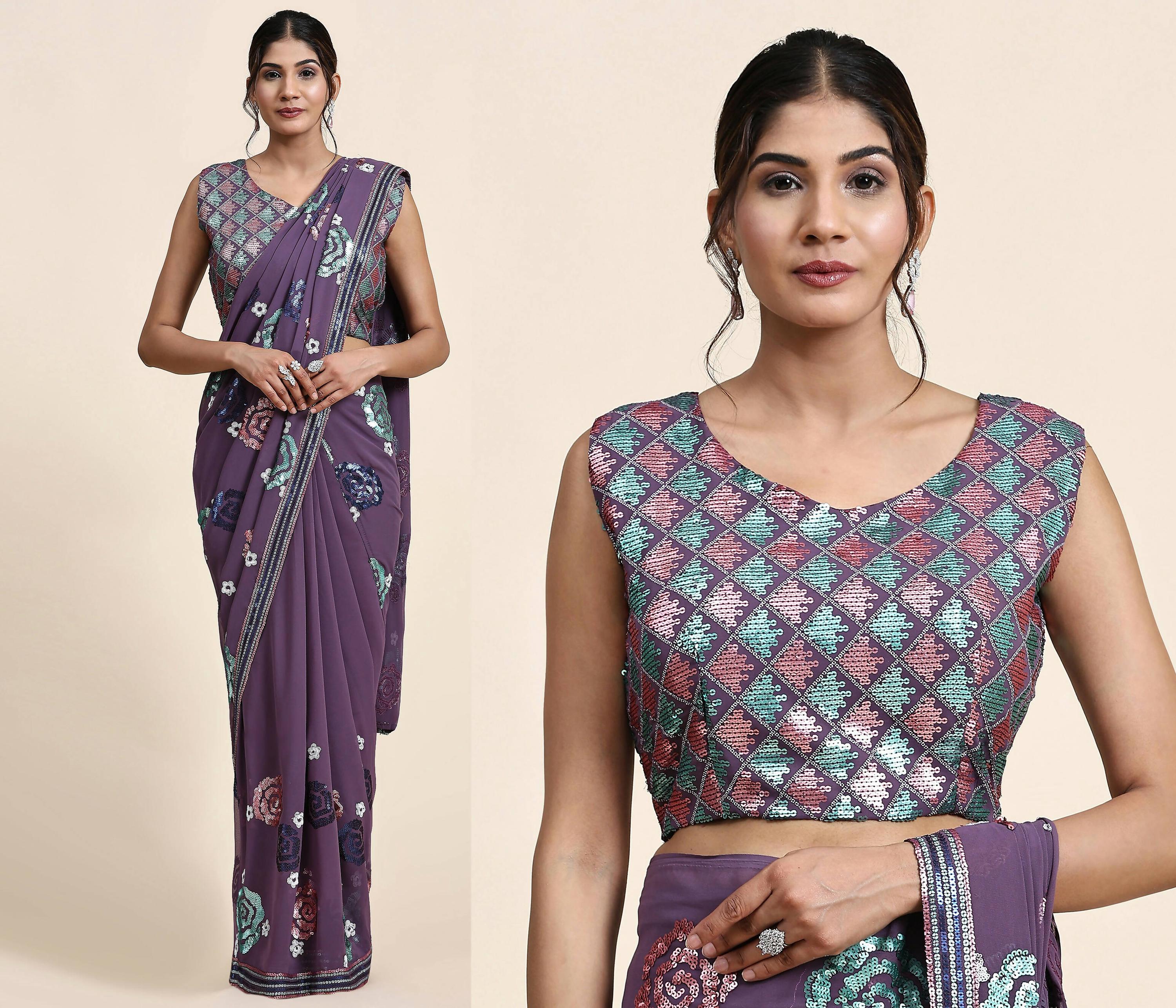 Purple Pure Georgette Sequence work Ready to wear Saree with stitched Blouse - Nirvana