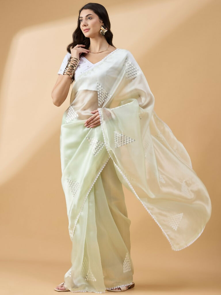 Green Tissue Slub Embroidered Saree with Unstitched Blouse - Vairagi