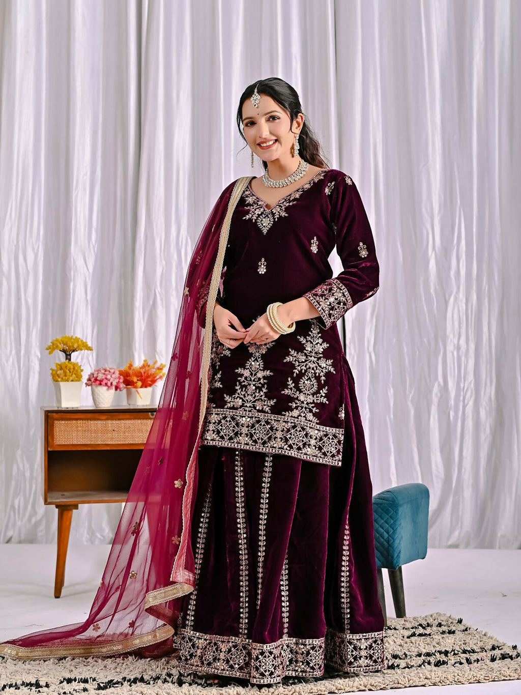 Joban Fashion Wine Velvet Sequence Embroidery Work Kurta Set