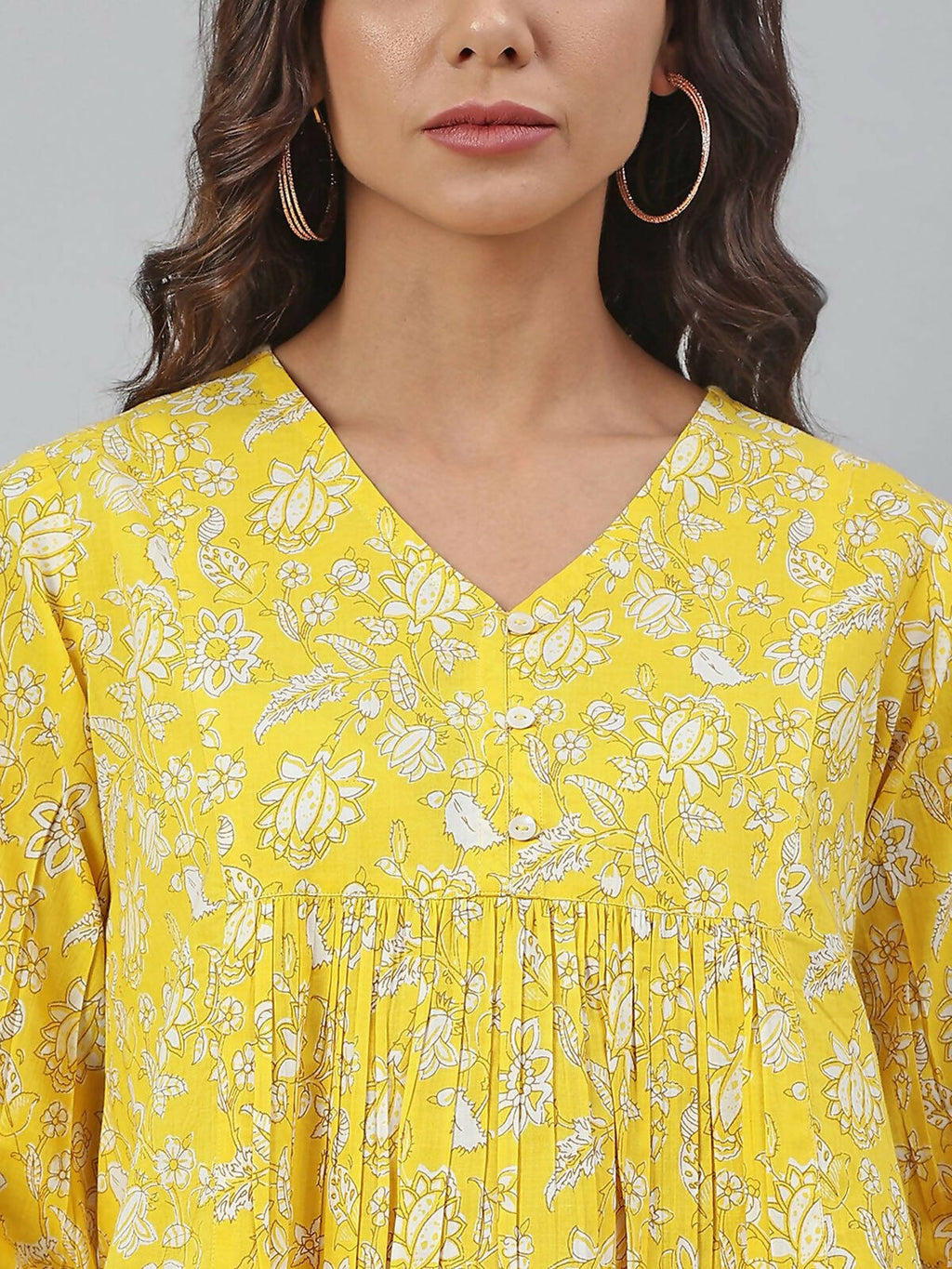 Janasya Women's Yellow Cotton Floral Print Flared Top