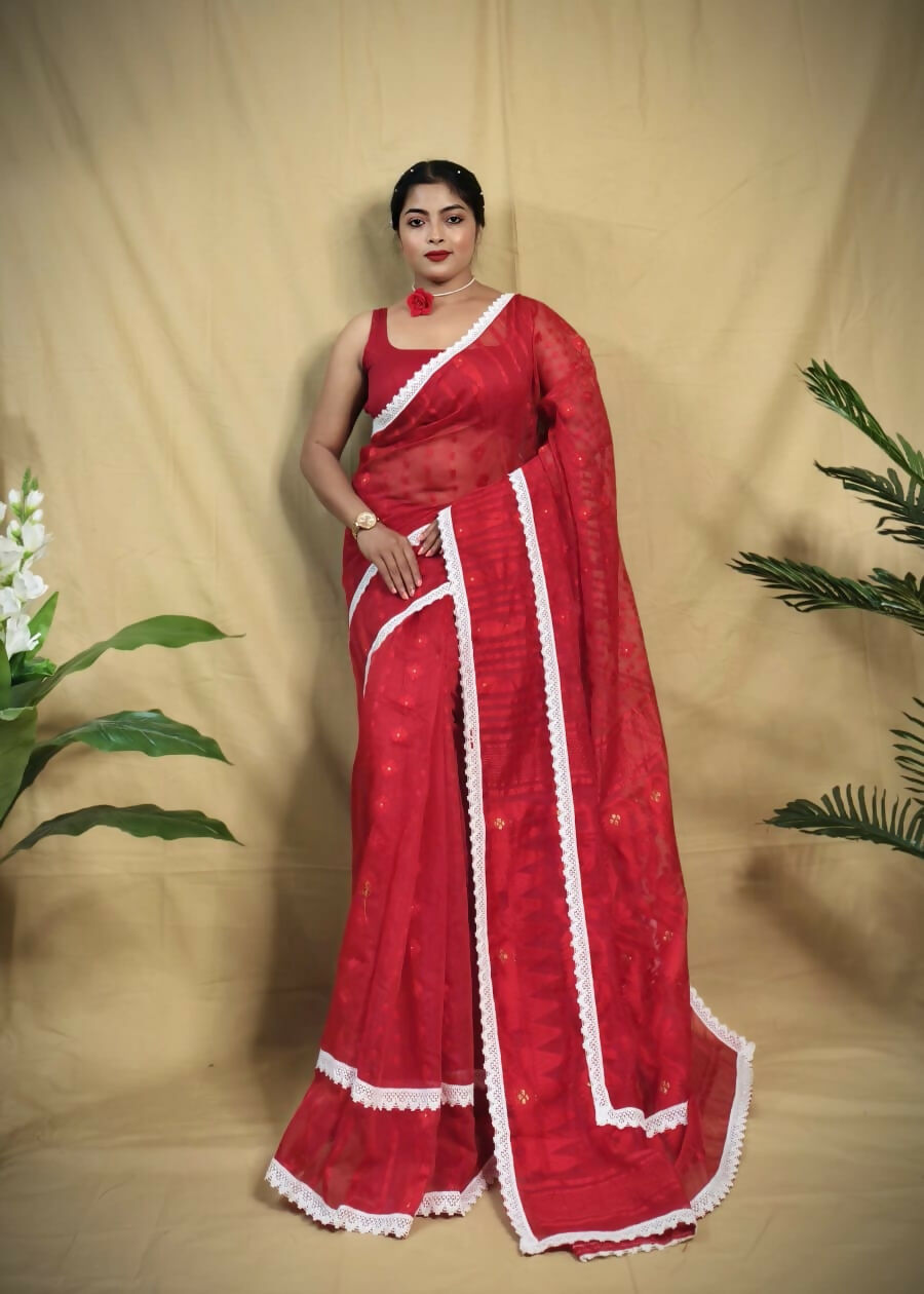 Exclusive Collection Beautiful Red Jaal Jamdani Saree
