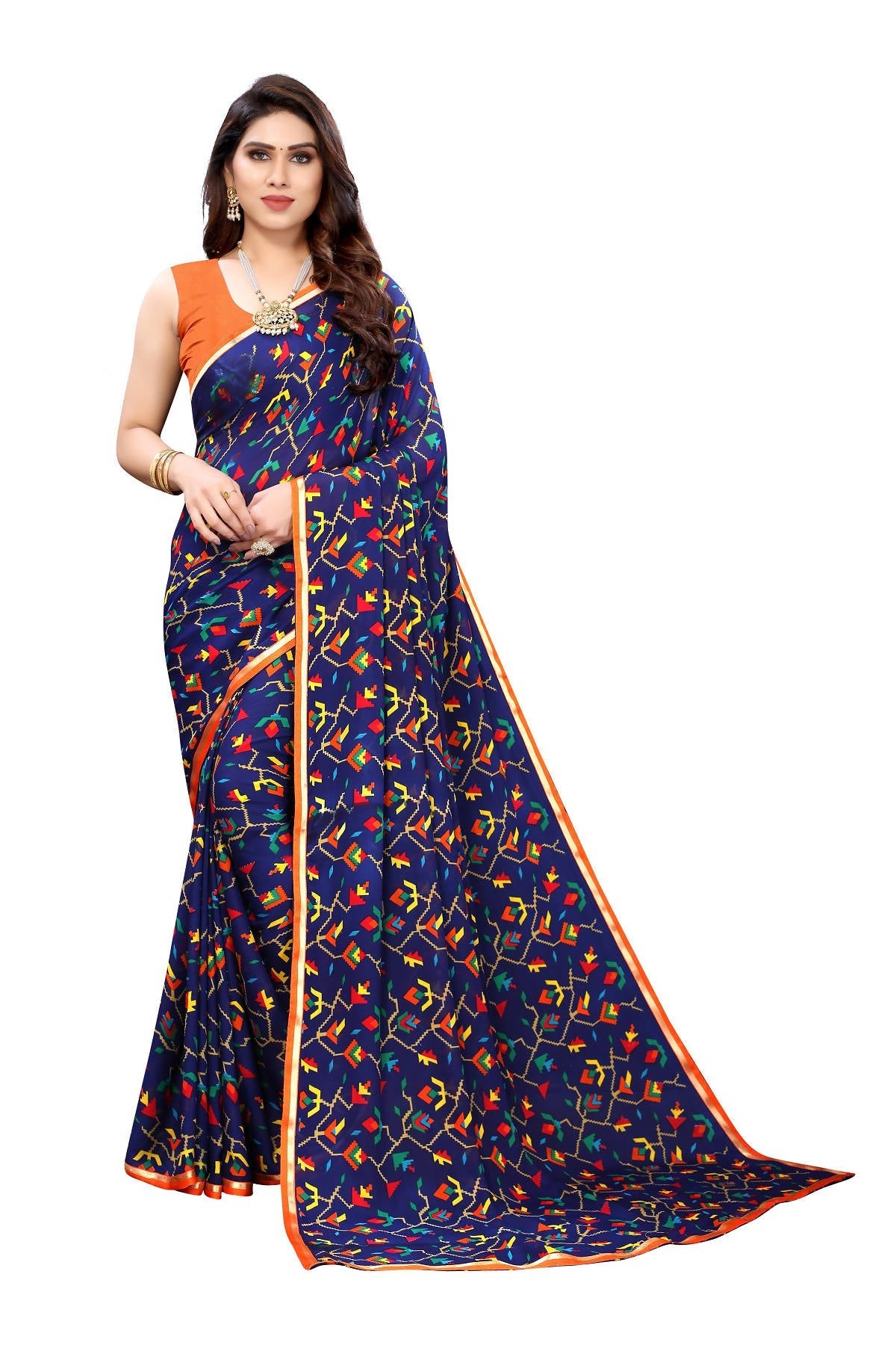 Vamika Ethnic Fire Blue Printed With Lace Saree
