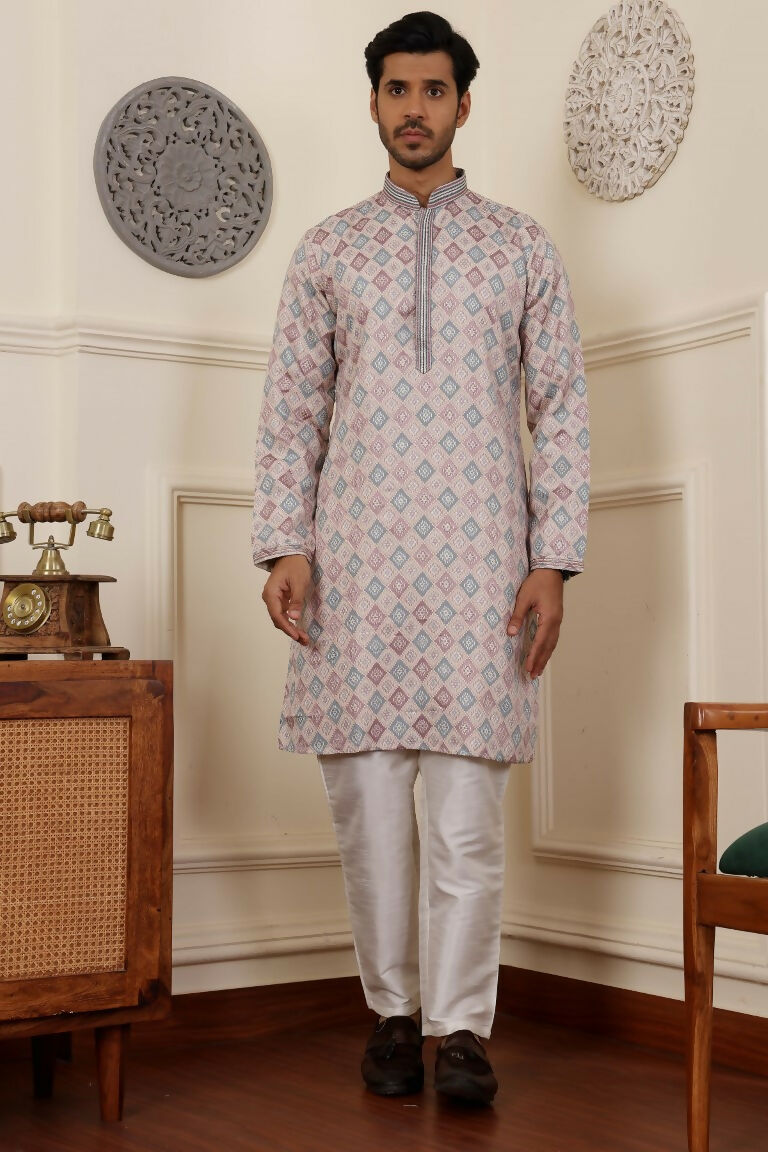 Cream Viscose Woven Jacquard Work Men's Rajwadi Kurta Set - Mahotsav