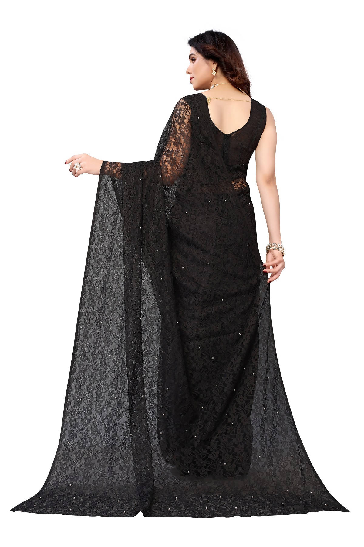 Vamika Ethnic Fire Black Pearls Net Saree