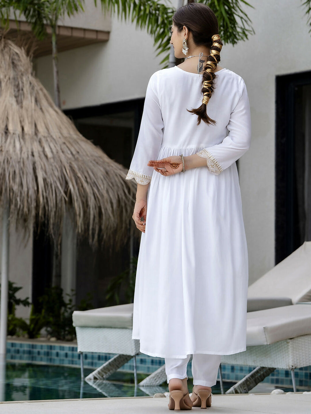The52 White Women's Gorgeous Embroidered Chanderi Fabric Straight Kurta, Pant and Dupatta Set