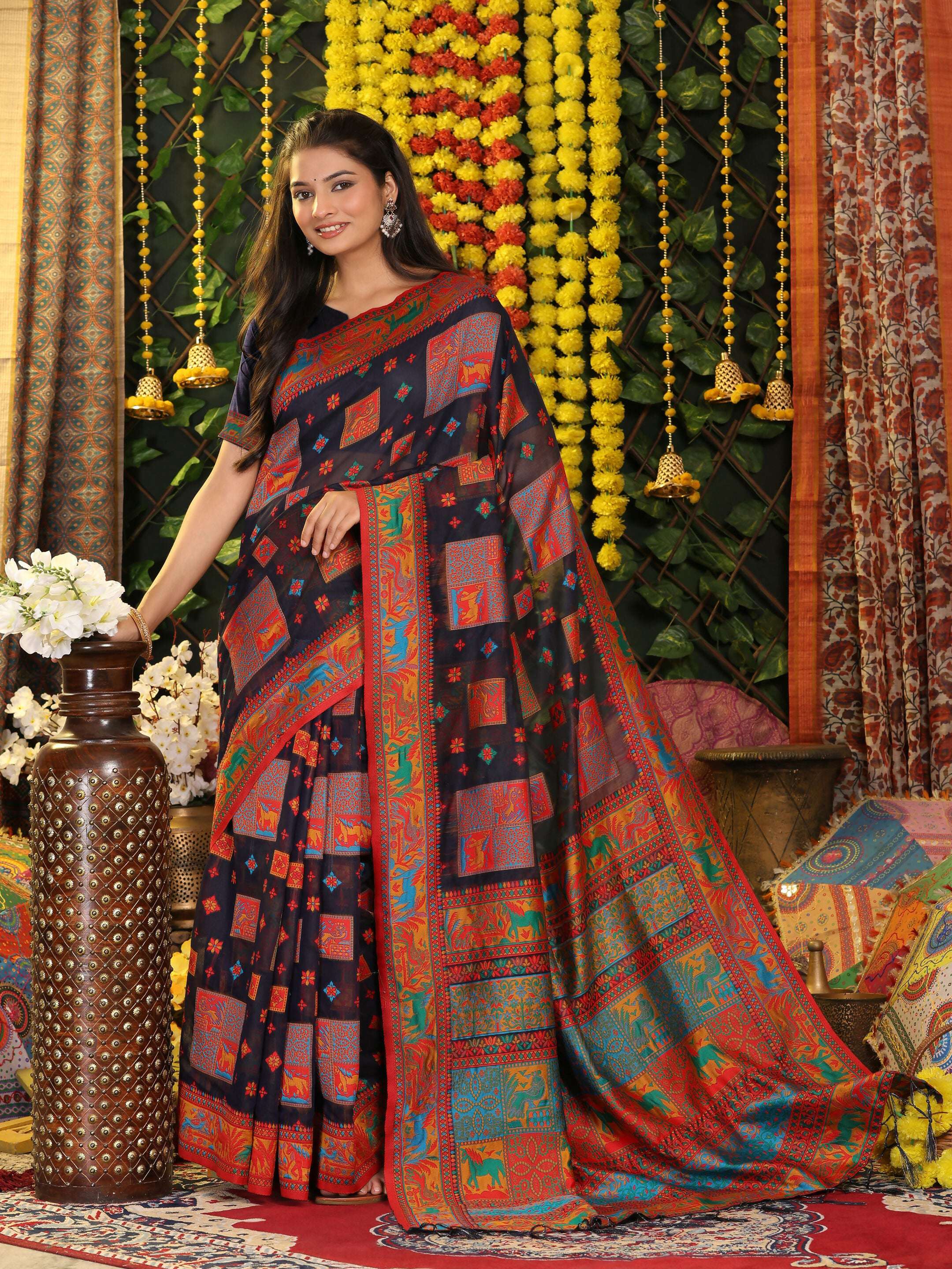 Shree Shyam Fashion Linen Cotton Navy Blue Saree