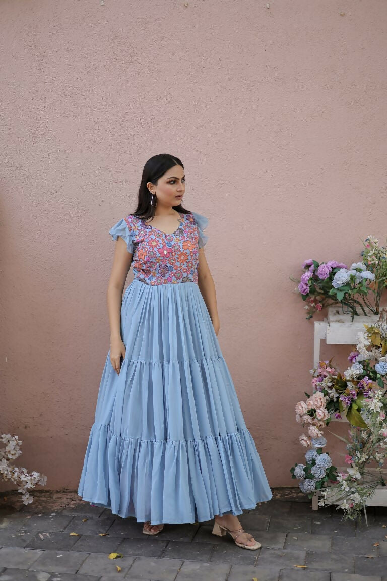 Jyoti Fashion Women's Grey Printed with Sequins Faux Georgette Anarkali Dress