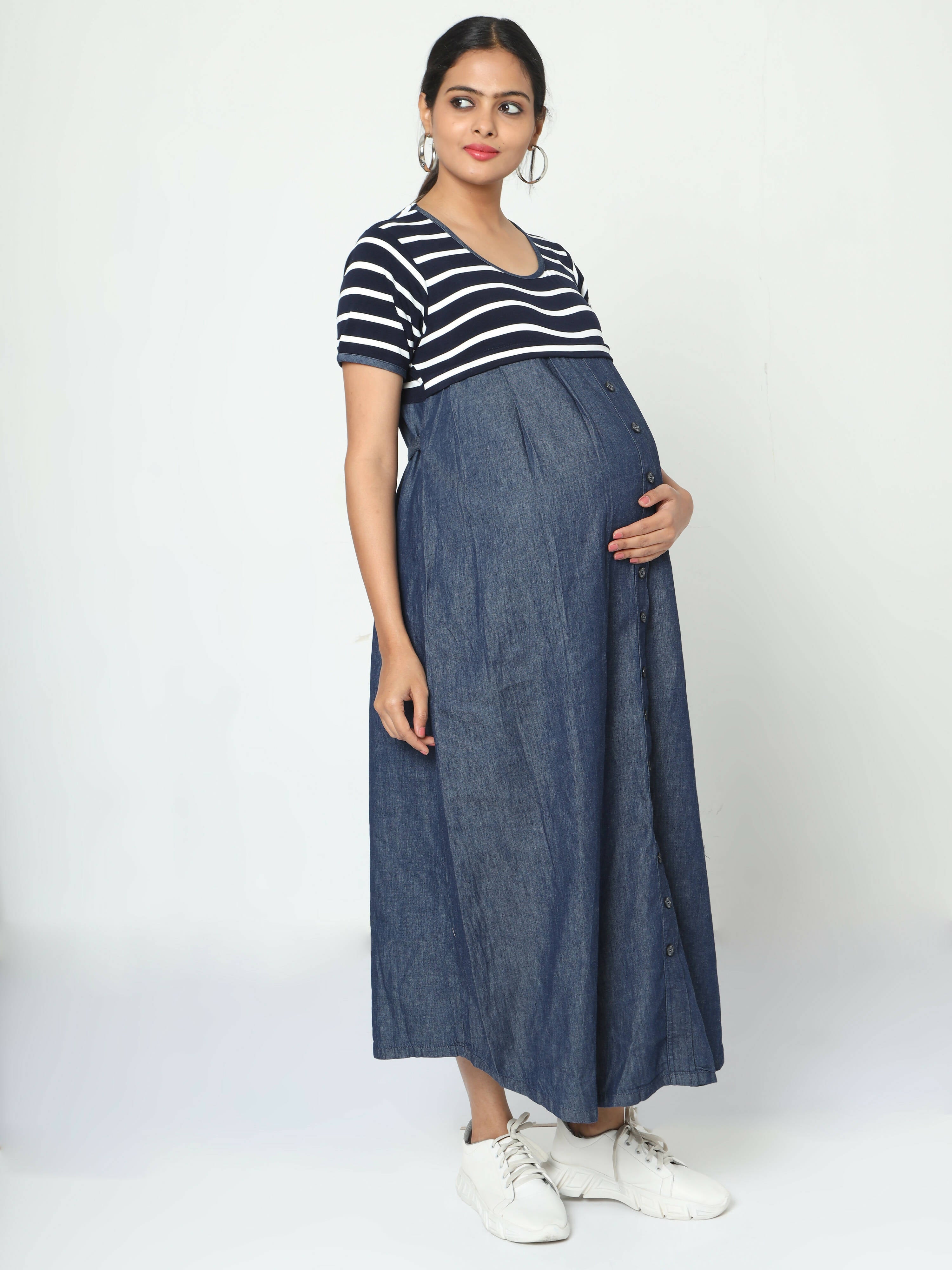 Manet Half Sleeves Maternity Dress White Striped With Concealed Zipper Nursing Access - Navy