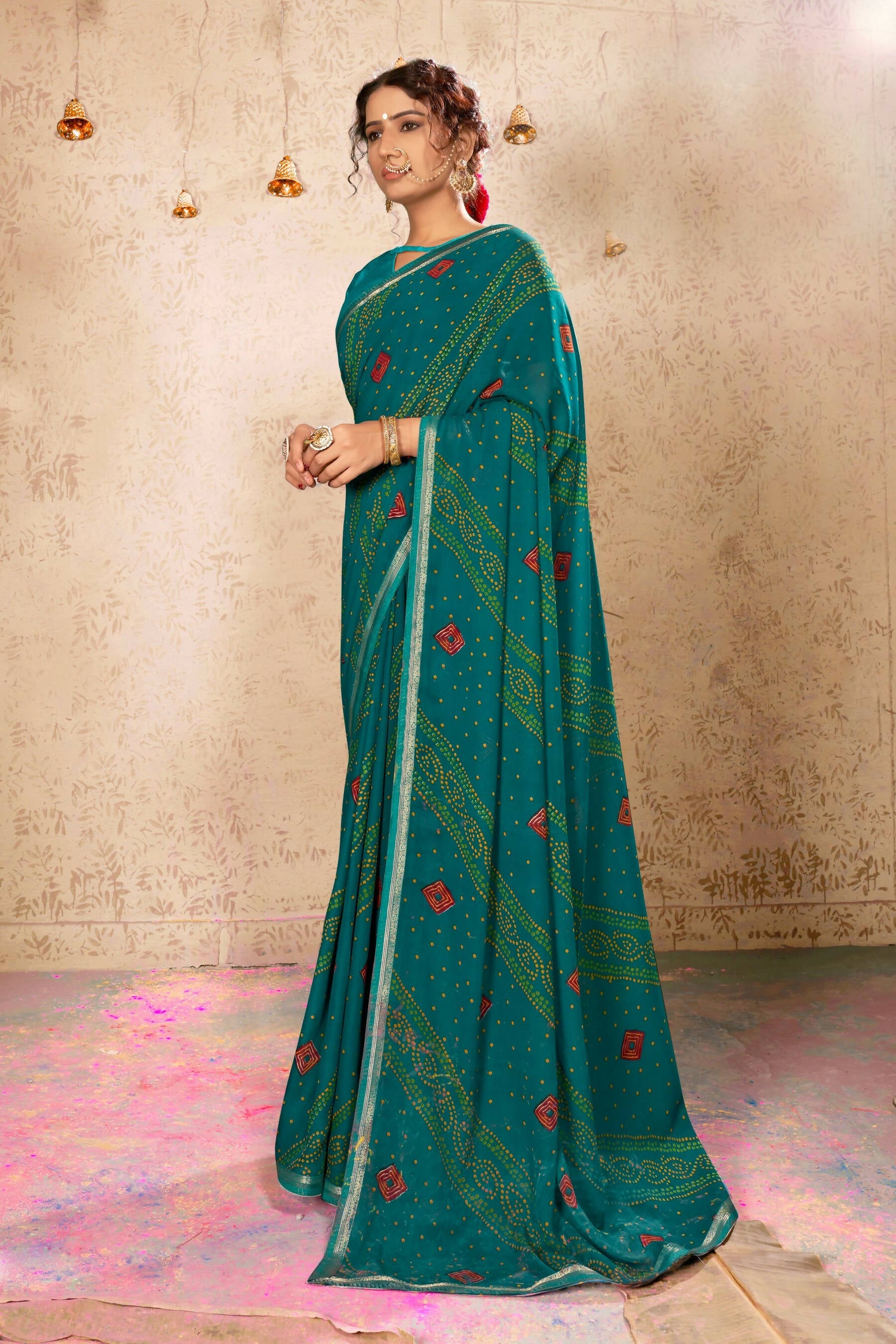 Teal Georgette Bandhni Printed Saree With Unstitched Blouse Piece - Shanaya