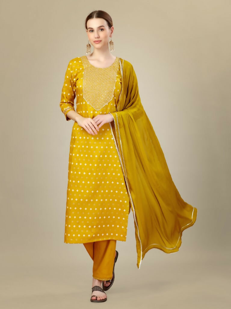 Jyoti Fashion Women's Golden Silk Blend Embroidery & Sequence work Kurta with Trouser & Dupatta