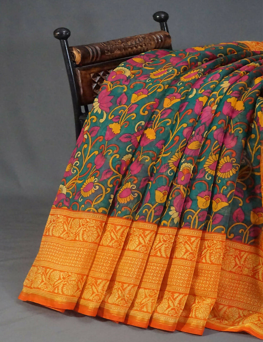 Vibrant Shades Of Green Kalamkaari Design Semi Chanderi Saree With Contrast Blouse By Gayathri Reddy Designer Studio