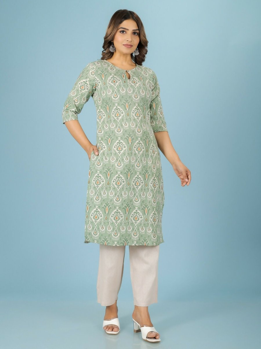 Aramya Green Linen Cotton Ikat Straight Kurta for Women