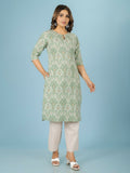 Aramya Green Linen Cotton Ikat Straight Kurta for Women