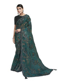 Sea Green Organic Burn Floral With Mirror Work On Border Saree With Blouse Piece - Norita Avyaan