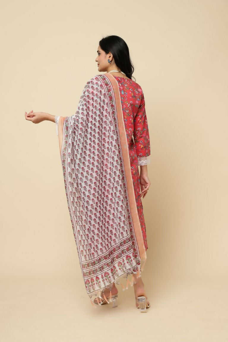 Designer Stylish Red Cotton Blend Stitched Suit With Dupatta - Tanisha