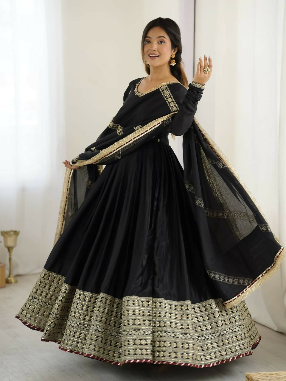 Teeya Creation Black Chinon Silk Gown