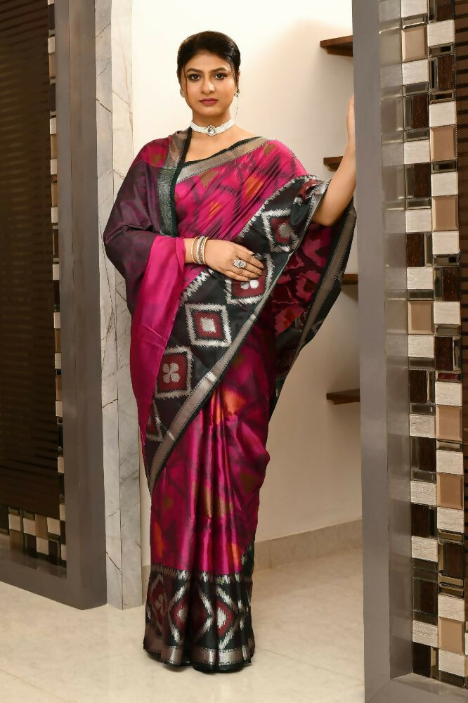 Joban Fashion Black & Pink Saree Kataan Ikkat