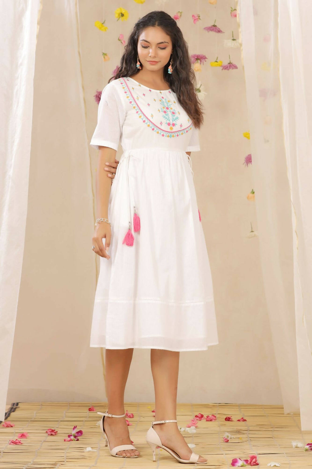 Juniper Women White Cotton Dobby Embroidered A-Line Dress