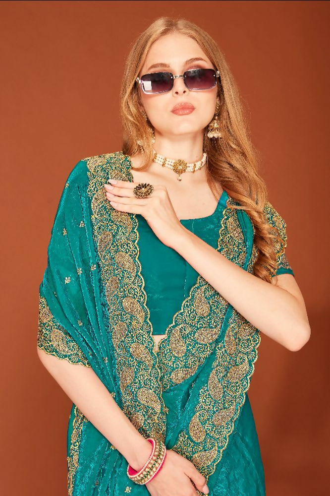 PR Fashion Morpeach Fendi Two Tone Silk Heavy Zari Embroidery Work With Heavy Siroski Work Saree