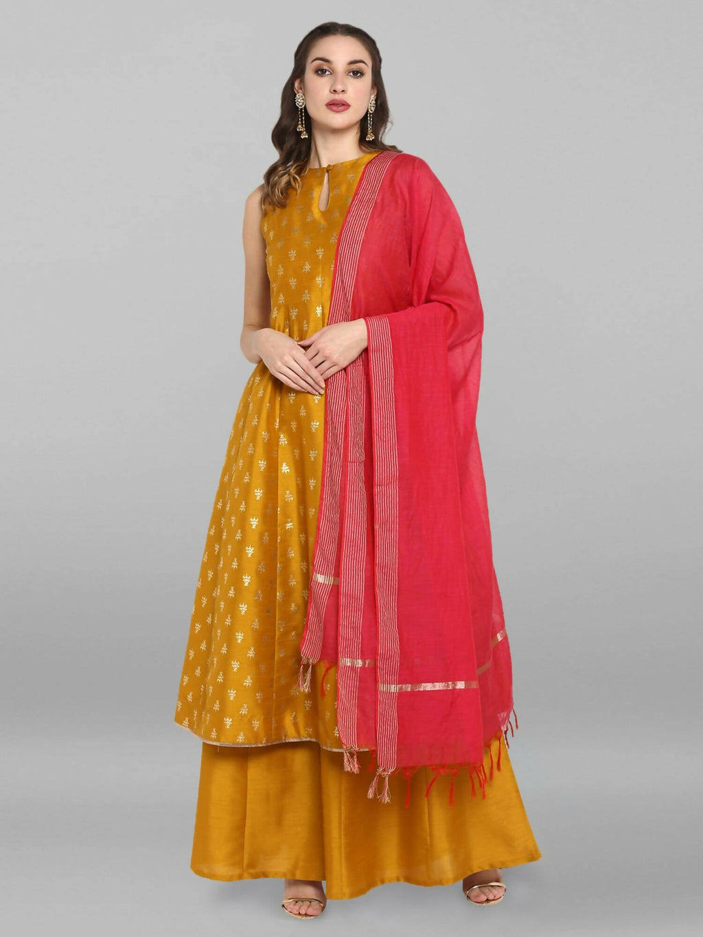 Janasya Women's Mustard Rayon Foil Print Kurti With Palazzo