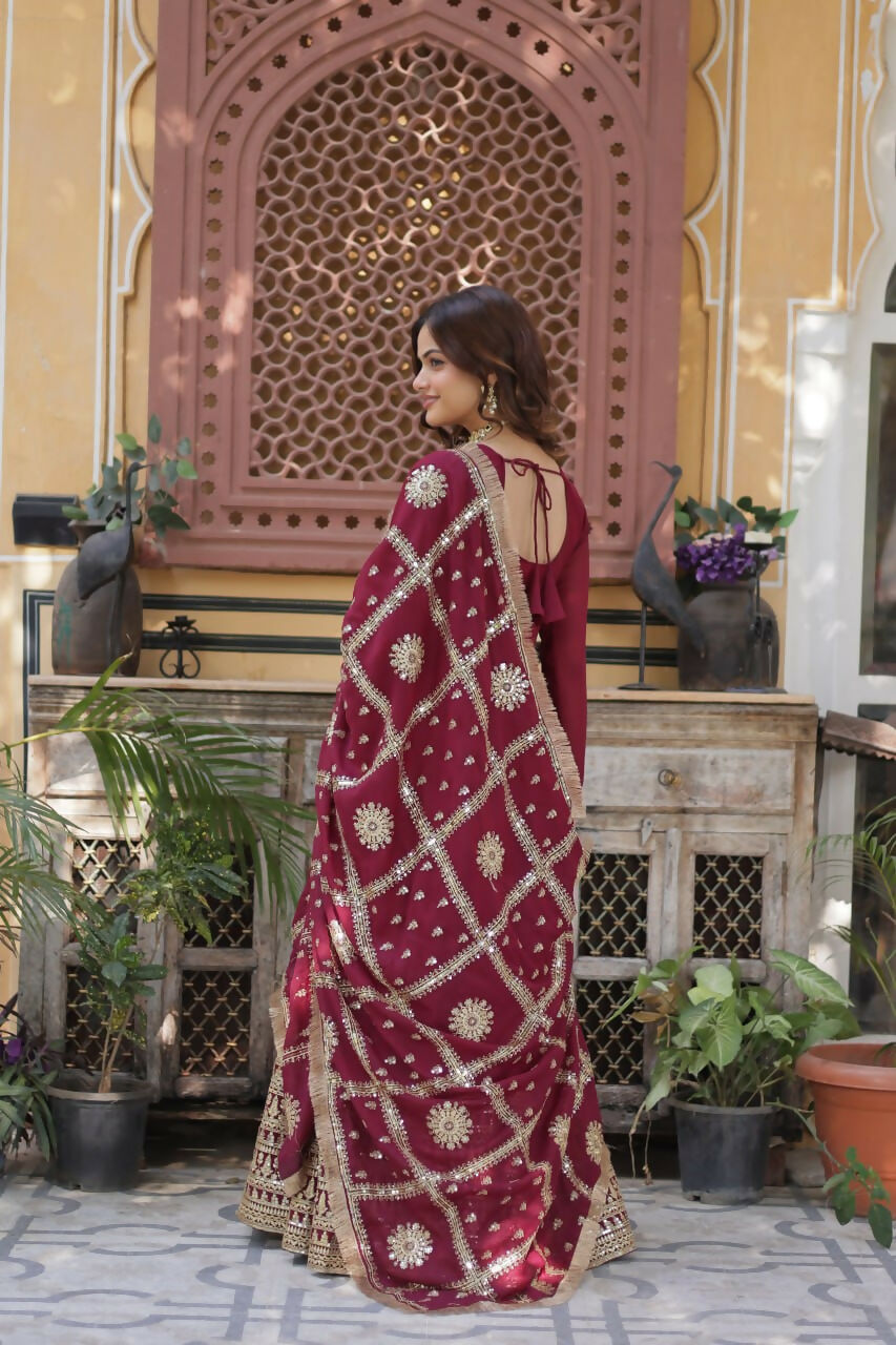 Vastranavya Star Georgette with Embroidery Zari Sequins-work Gown & Dupatta - Maroon