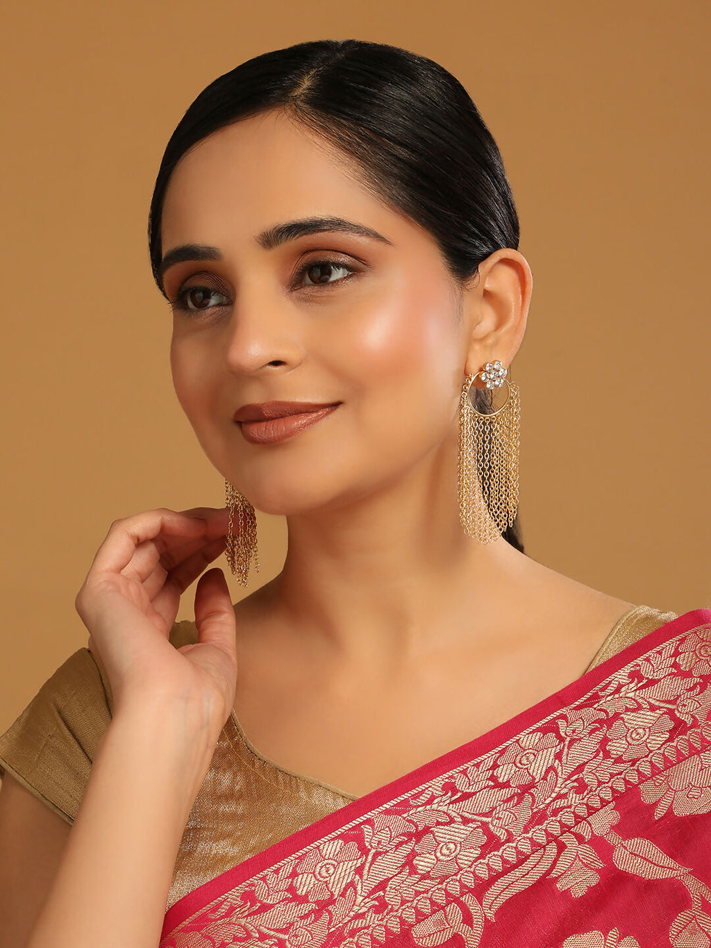 Nuyug 22K Gold Plated Crystal Studded Floral Stud Contemporary Dangler Earrings