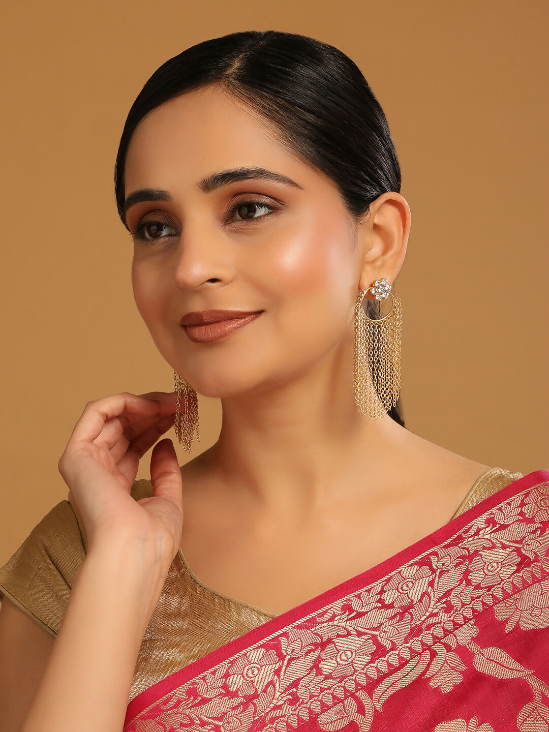 Nuyug 22K Gold Plated Crystal Studded Floral Stud Contemporary Dangler Earrings