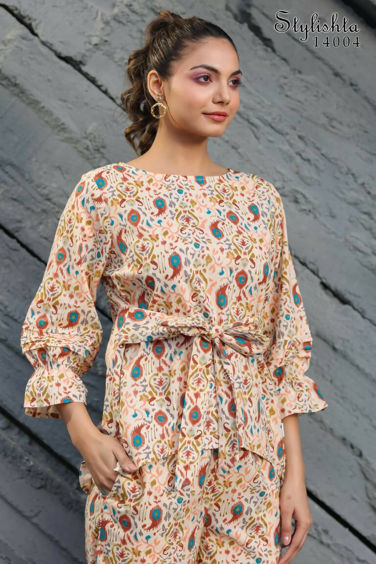 Women's Partywear Designer Cream & Multi Muslin co-ord set - Stylishta