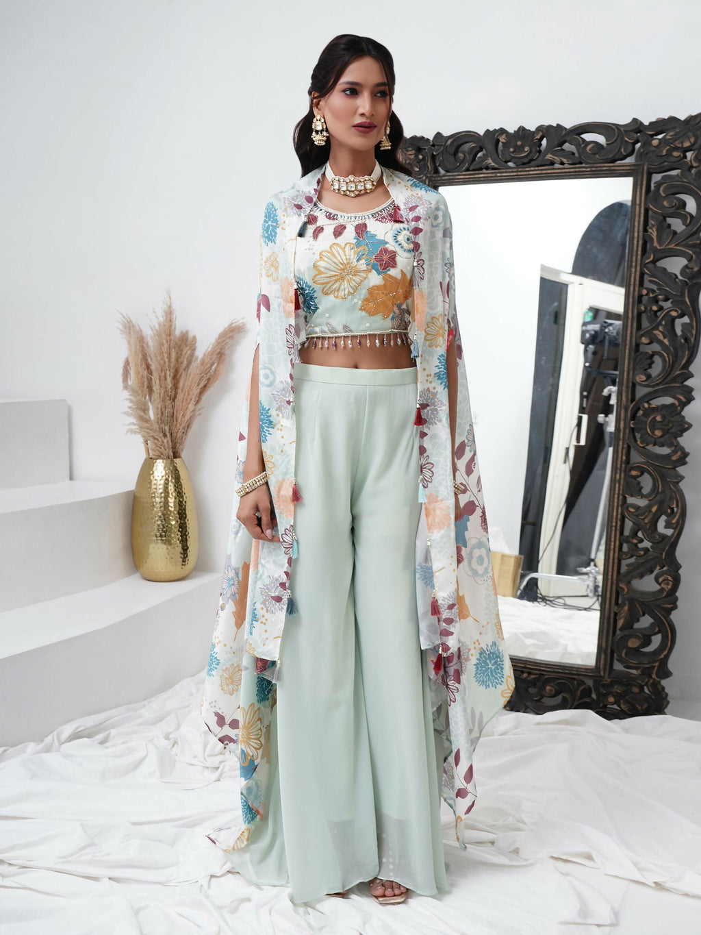 Sea Green Digital Chinon Handwork Top with Palazzo & Shrug - Naomika