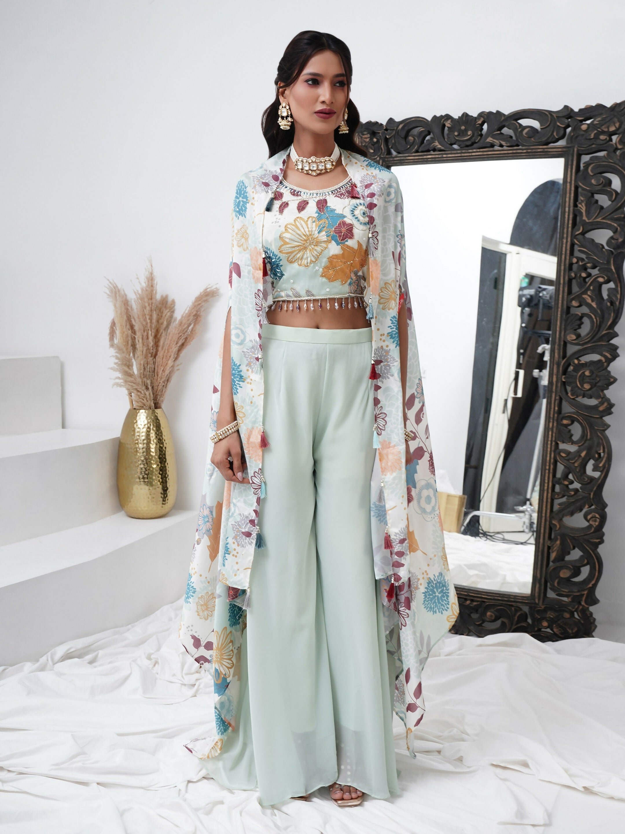 Sea Green Digital Chinon Handwork Top with Palazzo & Shrug - Naomika