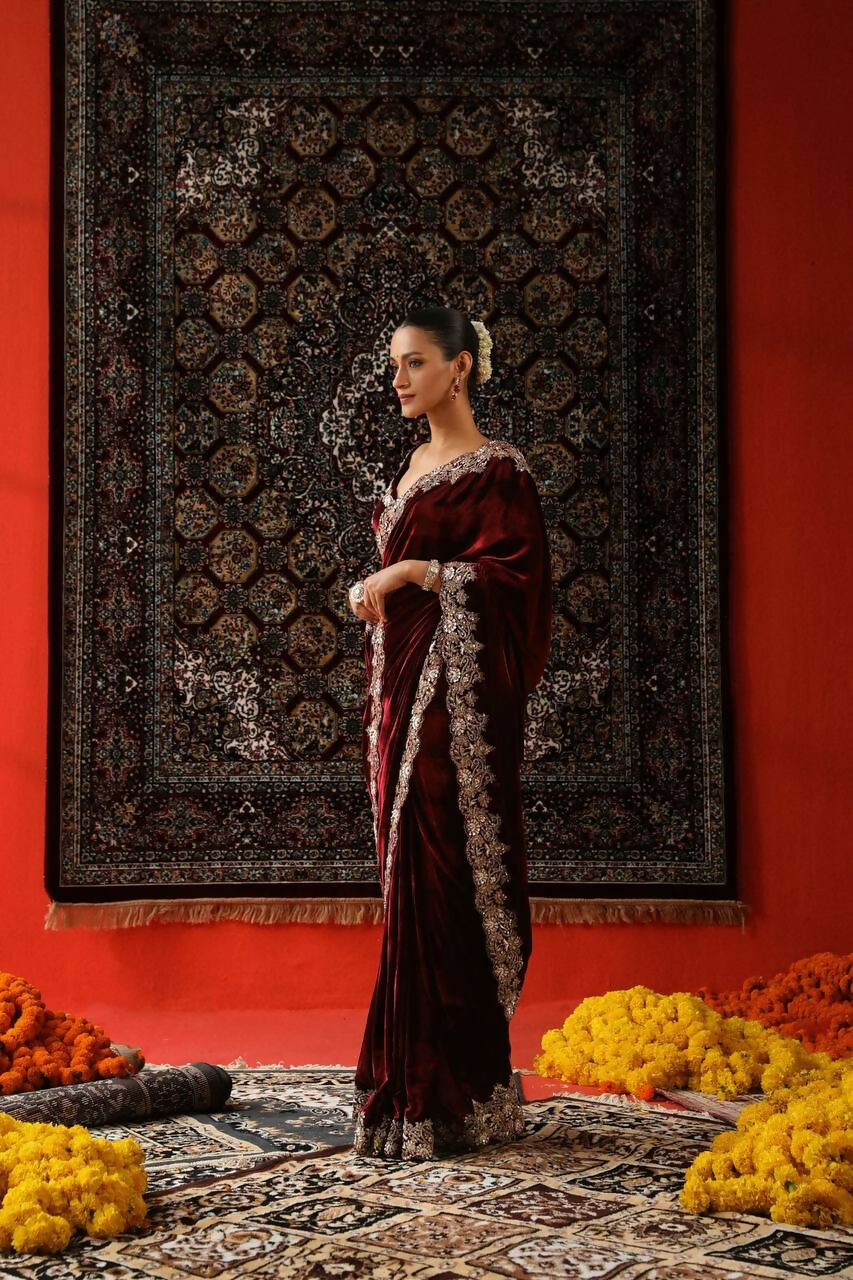 Vastranavya Designer Velvet Sequence & Zari Thread Embroidery work with border and Cutwork Saree - Wine