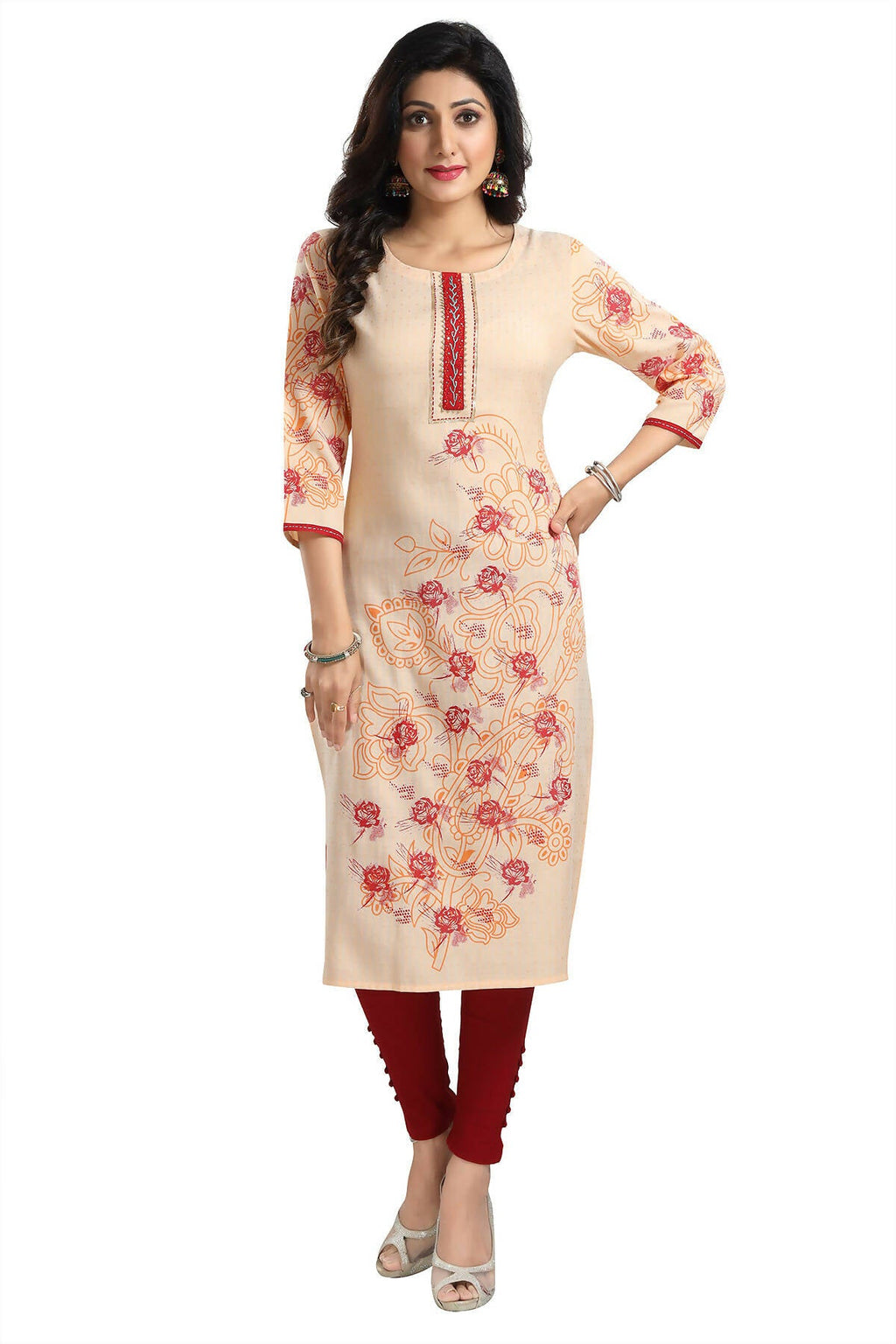 Snehal Creations Pleasing Peach Rayon Textured Print Long Kurta For Women